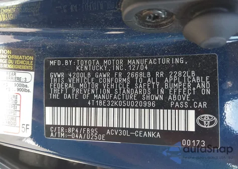 2005 Toyota Camry Le из США, поврежденный, VIN 4T1BE32K05U020996